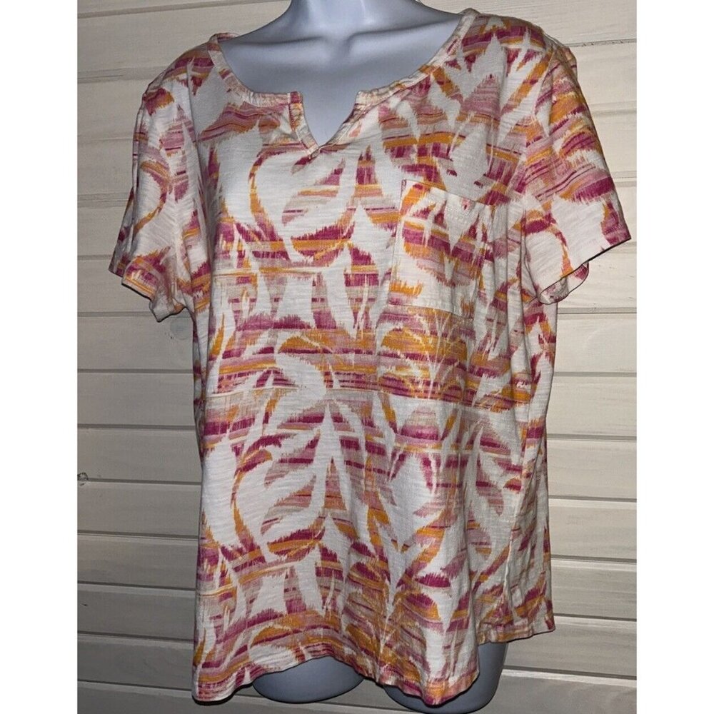 CHICOS Sz 2 (LARGE) Pink Orange White Ikat Pocket Tee S/S Knit Top EUC